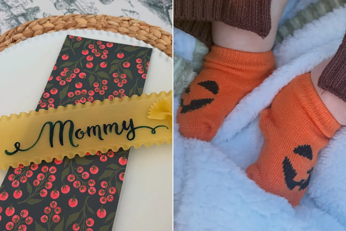 Millie Bobby Brown place setting; Millie Bobby Brown picture of daughters pumpkin socks