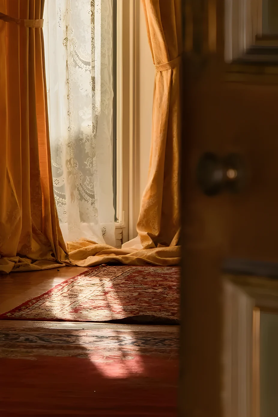Porta finestra con tende damascate color ocra raccolte da fermatende e tenda di pizzo bianco, luce calda sul parquet e su due tappeti persiani, con una porta in legno in primo piano
